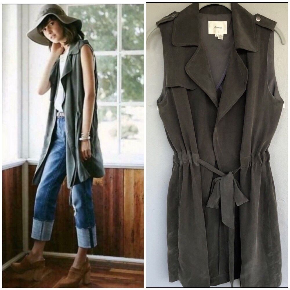 Anthropologie Elevenses Trench Tunic Vest S Green Faux Suede Utility Boho Jacket
